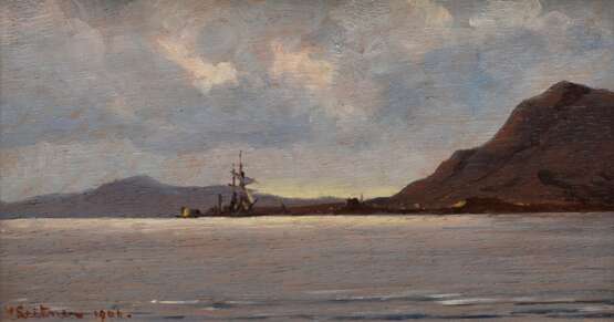 Leitner, Heinrich (1842-1913) "Segler vor südlicher Küste" 1906, Öl/Holz, u.l. sign./dat., 13,5x22,5cm (m.R. 21,4x30,5cm) - фото 1