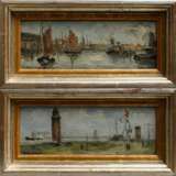 2 Möller, Aenderly (1863-1936) „Hafen (von Cuxhaven)“ und „Leuchtturm mit Signalstation“ 1923, Öl/Malpappe, je u.l. sign., verso je sign./dat./betit./bez., 8,7x22cm (m.R. 13x26cm) - photo 1