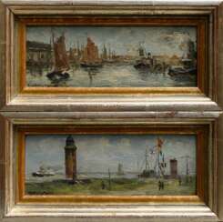 2 Möller, Aenderly (1863-1936) „Hafen (von Cuxhaven)“ und „Leuchtturm mit Signalstation“ 1923, Öl/Malpappe, je u.l. sign., verso je sign./dat./betit./bez., 8,7x22cm (m.R. 13x26cm)