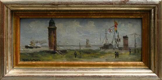 2 Möller, Aenderly (1863-1936) „Hafen (von Cuxhaven)“ und „Leuchtturm mit Signalstation“ 1923, Öl/Malpappe, je u.l. sign., verso je sign./dat./betit./bez., 8,7x22cm (m.R. 13x26cm) - Foto 2