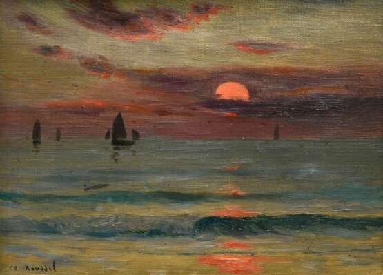 Roussel, Charles (1861-1936) "Schiffe vor der Küste im Sonnenuntergang", Öl/Leinwand, u.l. sign., niederländische Wellenleiste (leicht berieben), 16,4x22,5cm (m.R. 30x35,5cm) - Foto 1