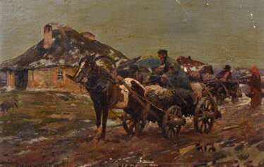 Bohusz-Siestrzencewicz, Stanislaw (1869-1927) &quot;Russische Dorfszene mit Panjewagen&quot; 1923 (?), Öl/Leinwand auf Malpappe kaschiert, u.l. sign./ undeutl. dat., 30,4x47,3cm (m.R. 42x58cm), Defekte der Maloberfläche, leicht verschmutzt, rest.