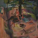 Hopf, Eduard (1901-1973) "Picknick im Park" 1926, Öl/Malpappe, verso "Südliche Landschaft mit Kakteen", u.r. sign./dat., 24x25cm (m.R. 27,3x28,2cm), Malfläche min. gebogen, min. Altersspuren - photo 1