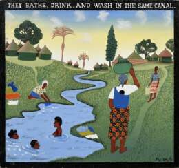 Kappata, Stephen (1936-2007) „They bathe, drink, and wash in the same canal.“, Acryl- und Lackfarben/Hartfaserplatte, u.r. sign., o. betit., 40,7x43,6cm, kleine Randdefekte