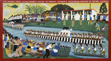 Kappata, Stephen (1936-2007) „The Barotse Royal Establishment Annual Ku-Omboka Ceremony, Nalikwanda arriving at Nayuma Harbour.“, Acryl- und Lackfarben/Hartfaserplatte, verso sign./bez., o. betit., 55,5x100cm, leichte Altersspuren