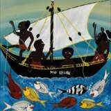 Peter, Martin (1959-2005) „M.V. Kalibu“ (Fischer auf Boot), Acryl- und Lackfarben/Hartfaserplatte, u.r. sign., 62x60cm, leichte Altersspuren - Foto 1