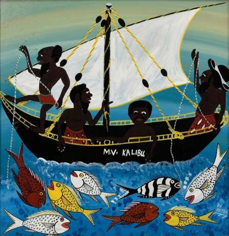 Peter, Martin (1959-2005) „M.V. Kalibu“ (Fischer auf Boot), Acryl- und Lackfarben/Hartfaserplatte, u.r. sign., 62x60cm, leichte Altersspuren - photo 1
