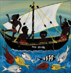 Peter, Martin (1959-2005) „M.V. Kalibu“ (Fischer auf Boot), Acryl- und Lackfarben/Hartfaserplatte, u.r. sign., 62x60cm, leichte Altersspuren