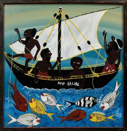 Peter, Martin (1959-2005) „M.V. Kalibu“ (Fischer auf Boot), Acryl- und Lackfarben/Hartfaserplatte, u.r. sign., 62x60cm, leichte Altersspuren - photo 2
