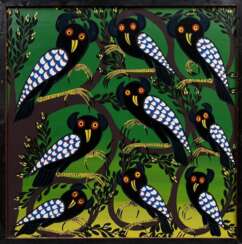 Charinda, Mohammed Wasia (1947-2021) „Neun Vögel“, Acryl- und Lackfarben/Hartfaserplatte, u.l. sign., 60,5x60,5 (m.R. 61,5x61,5cm), leicht verschmutzt
