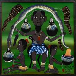 Charinda, Mohammed Wasia (1947-2021) &quot;Mganga wa Kienyeti Mindu tunduru (Medizinmann mit zwei Helfern)&quot;, Acryl- und Lackfarben/Hartfaserplatte, u.l. sign., u.r. bez., 61x61cm (m.R. 61,5x61,5cm), min. Altersspuren