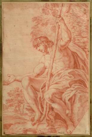 Unbekannter Künstler des 18.Jh. "Johannes der Täufer", Rötel, vergoldete breite Leiste, 37,8x24,3cm (m.R. 64x51,5cm), leicht fleckig, Randdefekte - Foto 1