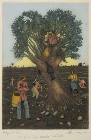 Brauer, Arik (1929-2021) „Ein Baum für vielerlei Früchte“, Farbradierung, 60/250, u. sign./betit./num., schmale Berliner Leiste, PM 34,3x23cm (m.R. 65x50cm), min. fleckig - Foto 1