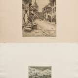 2 Eitner, Ernst (1867-1955) "Bei Hospental" und "Dorfstraße mit Brunnen", Radierungen, je u.r. sign., 1x u.r. i.d. Platte sign., PM 20,4x14,5/8,7x11,7cm, BM 34,3x33,7/30,3x40cm, min. fleckig, verso Montagereste - photo 1