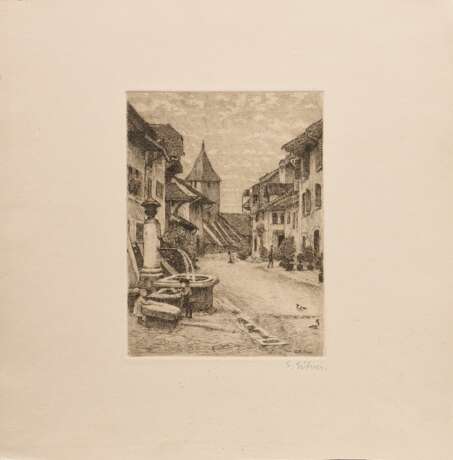 2 Eitner, Ernst (1867-1955) "Bei Hospental" und "Dorfstraße mit Brunnen", Radierungen, je u.r. sign., 1x u.r. i.d. Platte sign., PM 20,4x14,5/8,7x11,7cm, BM 34,3x33,7/30,3x40cm, min. fleckig, verso Montagereste - Foto 5