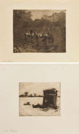 2 Schaper, Friedrich (1869-1956) "Pferdeschwemme" und "Liegender Hirte" 1908, Radierungen, je verso bez., 1x u.l. i.d. Platte sign., PM 15,8x19,3/12,8x16cm, BM 23x29/27x30,5cm, div. kleine Defekte - Foto 1