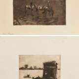 2 Schaper, Friedrich (1869-1956) "Pferdeschwemme" und "Liegender Hirte" 1908, Radierungen, je verso bez., 1x u.l. i.d. Platte sign., PM 15,8x19,3/12,8x16cm, BM 23x29/27x30,5cm, div. kleine Defekte - Foto 1