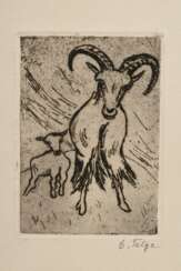 Telge, Clara (1870-1947) &quot;Ziegenbock mit Zicklein&quot;, Radierung, u.r. sign., PM 16,3x11,4cm, BM 34x26,2cm, leicht fleckig, verso Montagereste