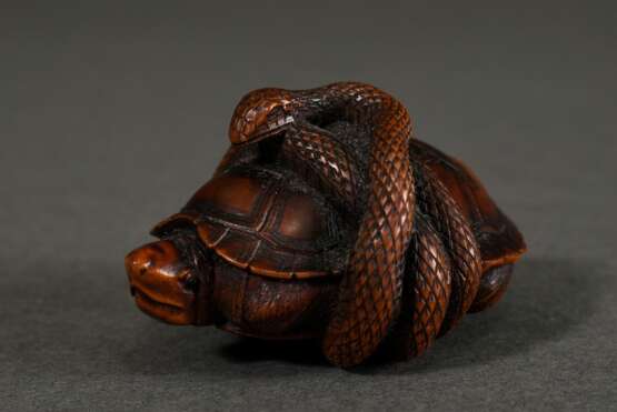 Buchsbaum Netsuke "Schildkröte mit Schlange", mit in schwarzem Horn eingelegten Augen der Schildkröte, fein geschnitzt, großes und kleines Himotoshi, sign. Masanao, 2,6x5,0cm, Provenienz: Norddeutsche Sammlung - photo 1