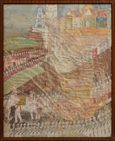 3 Diverse Stoffmalereien "Buddhistische Legenden" und "Prozession mit Militärparade", Gouache/Stoff, Thailand Anfang 20.Jh., 84x77/84x71/59x48cm, sehr defekt - photo 14