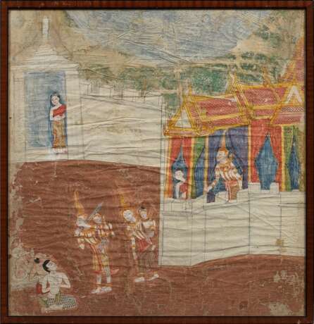 3 Diverse Stoffmalereien "Buddhistische Legenden" und "Prozession mit Militärparade", Gouache/Stoff, Thailand Anfang 20.Jh., 84x77/84x71/59x48cm, sehr defekt - photo 15