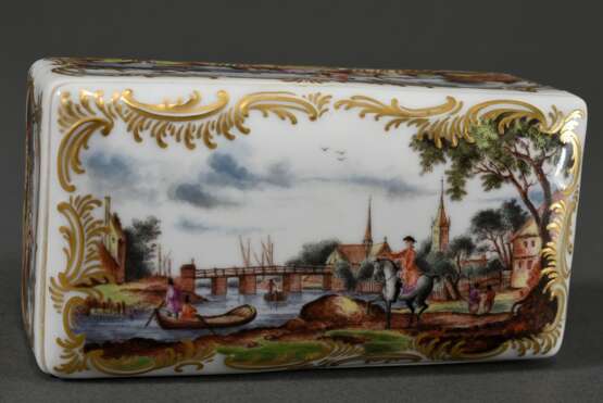 Eckige Meissen Tabatiere mit polychromer Malerei „Landschaften mit Personenstaffage“ und vergoldetem Relief, Dekornr.: 291812, Malernr.: 57, 4,5x10,5x5,5cm - photo 5