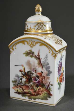 Meissen Teedose mit polychromer Malerei „Reiterszenen“ und ornamentaler Goldstaffage, 20.Jh., Modellnr.: (...)801, Malernr.: 80, H. 14cm - photo 1