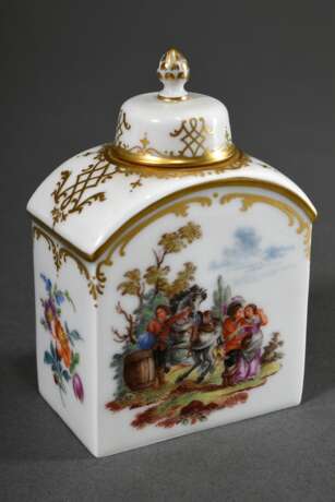 Kleine Meissen Teedose mit polychromer Malerei „Reiterszene“ und Goldstaffage, Modellnr.: 52860, 9,2x6,2x4cm - Foto 2