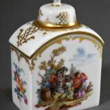 Kleine Meissen Teedose mit polychromer Malerei „Reiterszene“ und Goldstaffage, Modellnr.: 52860, 9,2x6,2x4cm - Foto 2