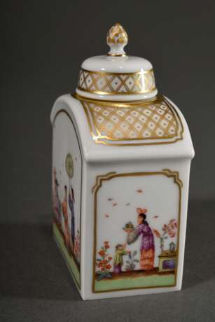 Kleine Meissen Teedose mit polychromer Bemalung „Chinoiserien“ und Goldstaffage, 20.Jh., Modelnr.: 52860, 9,5x6x4cm - Foto 3