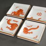 4 Teile Meissen "Roter Mingdrache" mit Goldstaffage: 1 Übertopf (H. 17cm, Ø 17cm, 2 Schleifstr., Gold berieben), 4 eckige Schälchen (8x8cm) und 1 Teller (Ø 25,5cm, 4 Schleifstr.) - фото 2