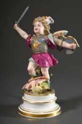 Meissen Figur „Amor als Drachentöter“ auf profiliertem Rundsockel mit Terrainplinthe mit besiegtem Drachen, polychrom staffiert, Entw.: Heinrich Schwabe, um 1900, zeitnahe Ausführung, Modellnr.: L113, Bossiernr.: 101 / 163, H. 23,5cm, linker Ar…