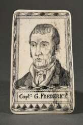 Walknochenplatte Portrait &quot;Captn G. Frederick&quot;, beschnitzt mit geschwärztem Ritzdekor, 11,4x6,8cm, leichte Altersspuren