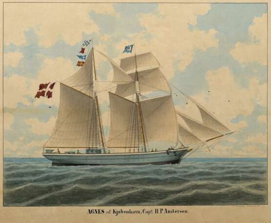 Truelsen, Mathias Jacob T. (1836-1900) Kapitänsbild "Agnes af Kjøbenhavn, Capt. H.P. Andersen" 1881, Aquarell, u. sign./dat./bez., 48x59cm (m.R. 55,7x67cm), vereinzelt kleine Löcher, vergilbt, leicht fleckig - photo 1