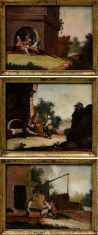 3 Hinterglasbilder "Genreszenen" 18.Jh., nach Adriaen Brouwer (1605-1638), alte Berliner Leisten, 19x25,5cm (m.R. 22,4x28cm), leichte Defekte der Maloberflächen - photo 1
