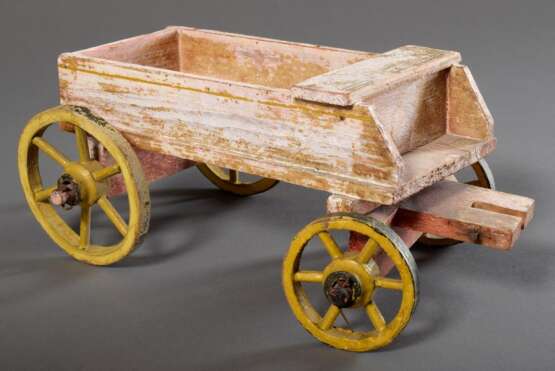 2 Teile altes Kinderspielzeug: "Wagen" und "Pferd auf Rollen", Holz mit Resten alter Farbfassung, 13x27x19/14x19x6,5cm - Foto 2
