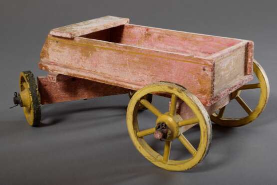 2 Teile altes Kinderspielzeug: "Wagen" und "Pferd auf Rollen", Holz mit Resten alter Farbfassung, 13x27x19/14x19x6,5cm - фото 6