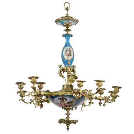 Lustre &agrave; 15 bougies de style Louis XVI. S&egrave;vres. Polychrome gilt 80 - photo 3