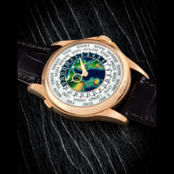PATEK PHILIPPE. AN 18K PINK GOLD AUTOMATIC WORLD TIME WRISTWATCH WITH
CLOISONN&#201; ENAMEL DIAL