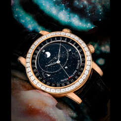 PATEK PHILIPPE. AN IMPRESSIVE AND ATTRACTIVE 18K PINK GOLD AND BAGUETTE-CUT DIAMOND-SET AUTOMATIC ASTRONOMICAL WRISTWATCH WITH SKY CHART, PHASES AND ORBIT OF THE MOON INCLUDING TIME OF MERIDIAN PASSAGE OF SIRIUS AND OF THE MOON AND DATE