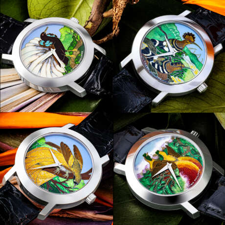 PATEK PHILIPPE. A VERY RARE SET OF FOUR 18K WHITE GOLD AUTOMATIC LIMITED EDITION WRISTWATCHES WITH CLOISONN&#201; ENAMEL DIALS DEPICTING BIRDS - фото 1