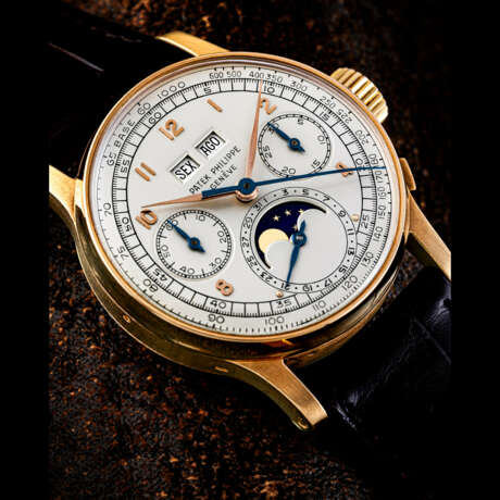PATEK PHILIPPE. AN IMPORTANT, EXTREMELY RARE AND INCREDIBLY WELL-PRESERVED 18K PINK GOLD PERPETUAL CALENDAR CHRONOGRAPH WRISTWATCH WITH MOON PHASES AND PORTUGUESE CALENDAR - фото 1