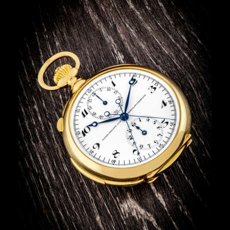 PATEK PHILIPPE. A RARE AND ATTRACTIVE 18K GOLD FIVE MINUTE REPEATING SINGLE BUTTON SPLIT SECONDS CHRONOGRAPH POCKET WATCH WITH ENAMEL DIAL AND BREGUET NUMERALS - photo 1