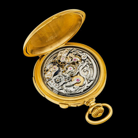 PATEK PHILIPPE. A RARE AND ATTRACTIVE 18K GOLD FIVE MINUTE REPEATING SINGLE BUTTON SPLIT SECONDS CHRONOGRAPH POCKET WATCH WITH ENAMEL DIAL AND BREGUET NUMERALS - фото 3
