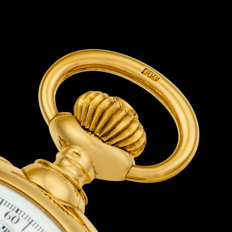 PATEK PHILIPPE. A RARE AND ATTRACTIVE 18K GOLD FIVE MINUTE REPEATING SINGLE BUTTON SPLIT SECONDS CHRONOGRAPH POCKET WATCH WITH ENAMEL DIAL AND BREGUET NUMERALS - photo 7