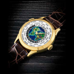 PATEK PHILIPPE. AN 18K GOLD AUTOMATIC WORLD TIME WRISTWATCH WITH CLOISONN&#201; ENAMEL DIAL