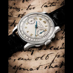PATEK PHILIPPE. AN EXTREMELY RARE STAINLESS STEEL CHRONOGRAPH WRISTWATCH WITH GOLDEN BREGUET NUMERALS AND TACHYMETRE SCALE