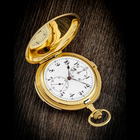 VACHERON CONSTANTIN. AN EARLY, ATTRACTIVE AND VERY RARE 18K GOLD MINUTE REPEATING POCKET WATCH WITH SINGLE BUTTON CHRONOGRAPH AND ENAMEL DIAL - фото 1