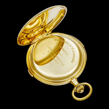 VACHERON CONSTANTIN. AN EARLY, ATTRACTIVE AND VERY RARE 18K GOLD MINUTE REPEATING POCKET WATCH WITH SINGLE BUTTON CHRONOGRAPH AND ENAMEL DIAL - Foto 3