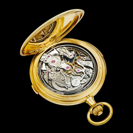 VACHERON CONSTANTIN. AN EARLY, ATTRACTIVE AND VERY RARE 18K GOLD MINUTE REPEATING POCKET WATCH WITH SINGLE BUTTON CHRONOGRAPH AND ENAMEL DIAL - Foto 4